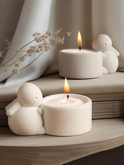 3D可爱兔子烛台硅胶模具 DIY圆形烛台蜡烛罐水泥石树脂浇铸模具 家居装饰