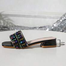 Women's Agate Crystal Embellished Colorful Chain Sandals, Luxury Rhinestone Beach Vacation Party Wedge Slippers,Spring Summer Outfits - Black - View 7