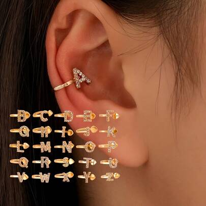 1 Stück A-Z 26 Englische Buchstaben Ohrclip, einfacher Ohrclip ohne Piercing, Strass Dekor U-förmiger Ohrclip Ohrringe, geeignet für den täglichen Gebrauch von Frauen