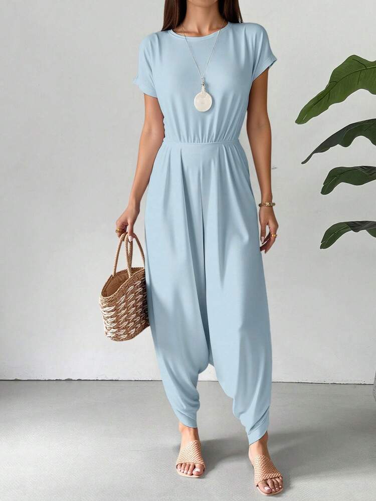 Mujer casual mono largo con pliegues y cintura ajustada holgado cuello redondo manga corta verano para uso diario - Azul y Blanco - Añade 2