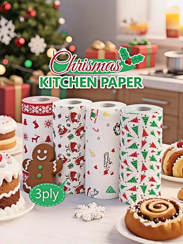 1 Roll Christmas Kitchen Paper Roll - Thickened 3-Ply Disposable Cleaning Cloths, Dual-Use Wet & Dry Washable Oil-Free Rags For Home Use, Random Styles, Household Cleaning Tools, Perfect Holiday Gift