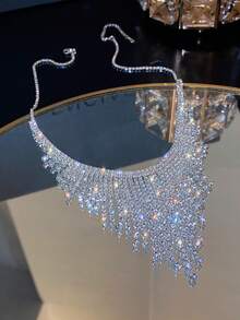 1PC Luxury Crystal Tassel Necklace For Women Shiny Geometric Full Rhinestone Chain Choker Necklace For Dress Nightclub Jazz Dance Jewelry - Style 1 - View 1