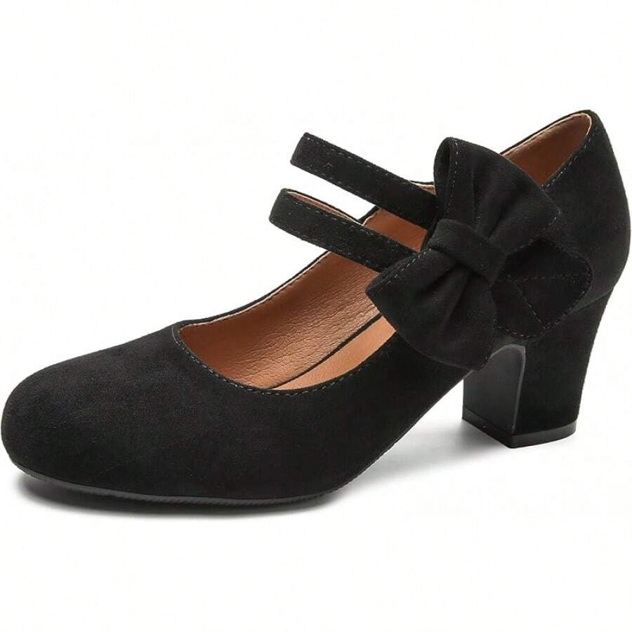 Enelauge Women's Mary Jane Heels With Bow Retro Closed Round Toe Pumps Sweet Ankle Strap Low Block Heels Chic Bowtie Vintage Dress Wedding Party Office Daily ShoesChristmas - 黑色絨面革 - 查看 1