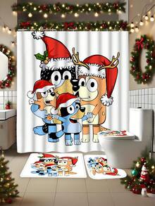 [Christmas Bluey Shower Curtain Window Curtain Set] 1/3/4pcs Christmas Solid Color Santa Hat Bluey Family And Friends Holiday Pattern Printed Shower Curtain Set, Modern Design, Suitable For All Seasons, Waterproof Polyester Hooks And Lining, Flannel Material, Soft Surface, Absorbent Anti-Slip Bathroom Mat, Bathroom Set Includes U-Shaped Mat, Toilet Mat, Anti-Slip Bathroom Mat And Bathroom Accessories, Home Decor, Holiday Decor, Christmas Gift, Daily Decor, Gift Giving