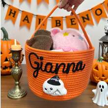 1 pieza Bolsa de tela personalizada para dulces y aperitivos con asa de cuerda, cesta para pedir dulces en Halloween