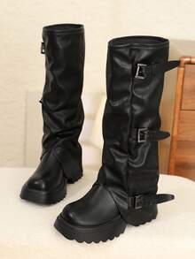 Damen Schwarze Kniehohe Stiefel, Runde Zehenkappe Dicke Sohle Reitstiefel, Modestiefel für Damen, Herbst/Winter