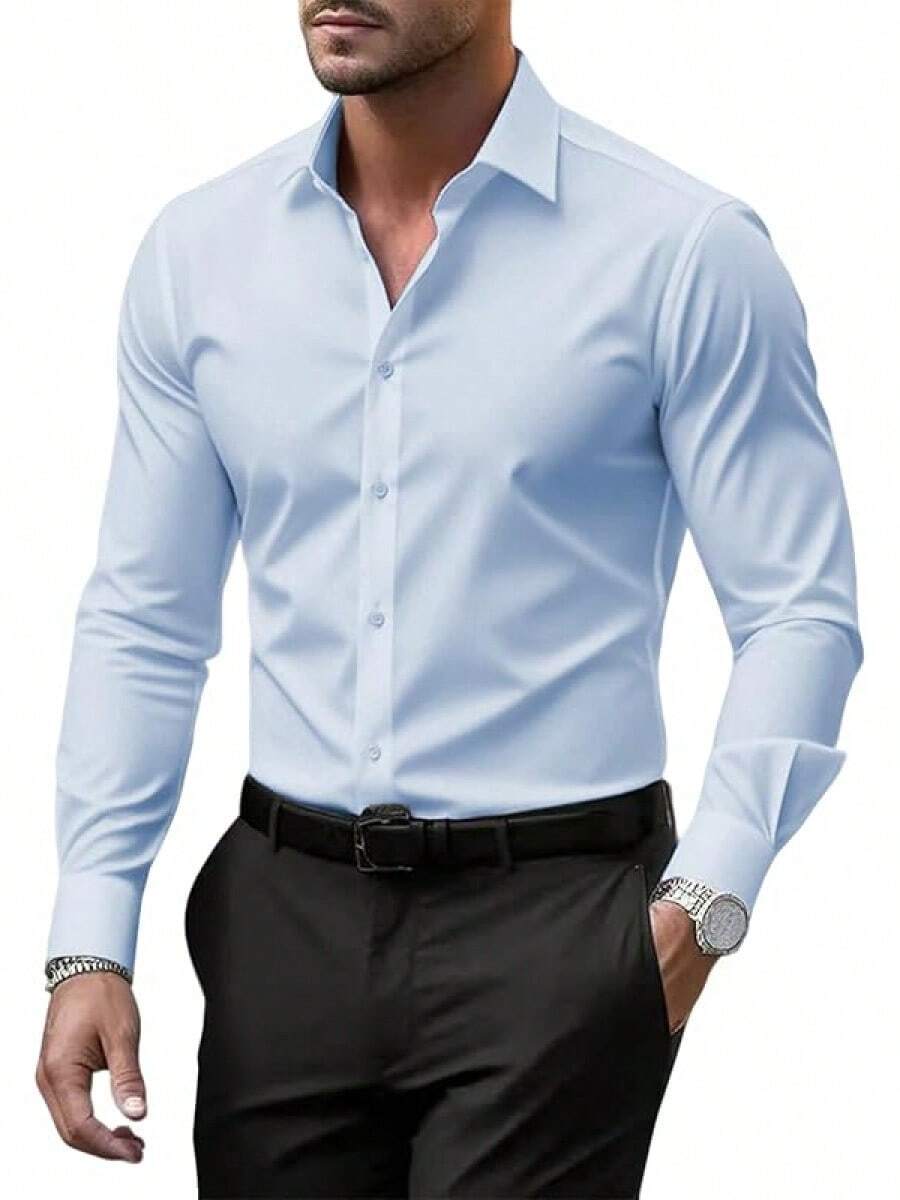 Men's Wrinkle Dress Shirts Formal Long Sleeve Button Down Wedding Business, Style - Light Blue - View 1