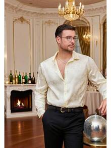Mens Satin Dress Shirts Long Sleeve Silk Shirt Shiny Luxury Button Up Floral Shirt Party Prom Wedding Shirtshalloween - 米色 - 查看 8
