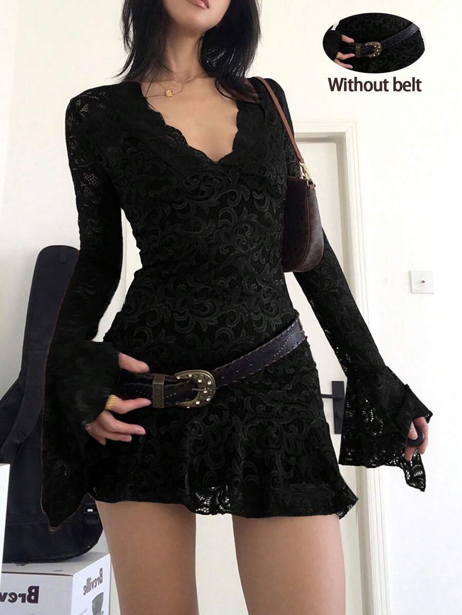 2件套女士春夏新款蕾丝拼布喇叭袖连衣裙 - 黑色 - 查看 1