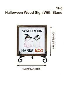 1pc 10*10cm/15*15cm Halloween Mini Bathroom Decor Painting, Wooden Halloween Witch Hat Ghost Design Bathroom Door Decoration, "Boo" Handwashing Reminder Decor With Cute Ghost, With Stand, Indoor/Outdoor Use, Horror Home Decor, Room Decoration, Halloween Desktop Ornament, Living Room Bathroom Decoration - Halloween Ghost - View 12