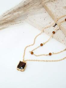 1 件复古方形棕色方晶锆石吊坠配双层水晶珠项链，女士日常、节日、派对配饰 - 金黃色 - 查看 4