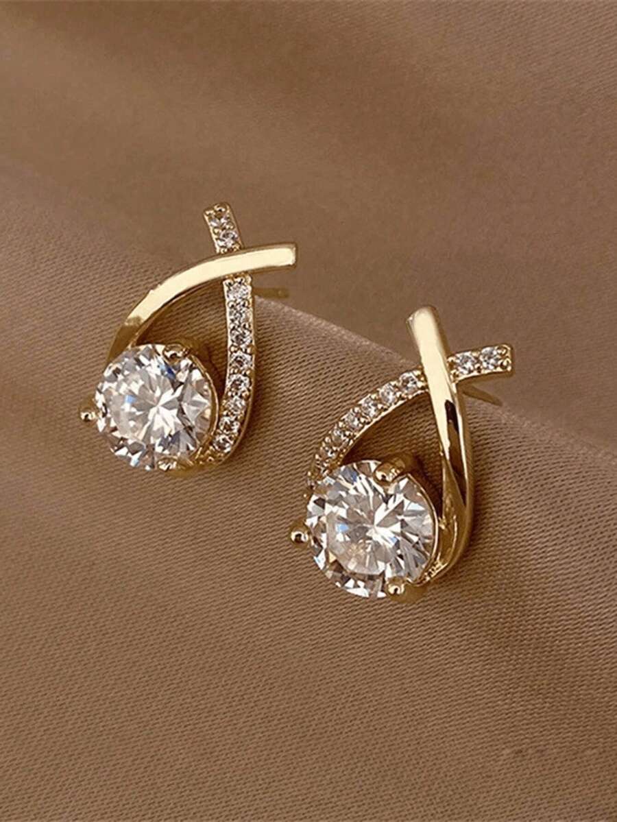 1 Pair Luxury Elegant Twisted Teardrop Cubic Zirconia Stud Earrings, Decorative Wear - Multicolor - View 1