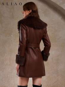 Aliao 束腰仿毛领皮革拼接保暖外套，冬季大衣，女士冬季服装，优雅连衣裙，婚礼季必备，适合正式晚宴、家庭聚会、返校活动，宫廷风格 - 棕色 - 查看 9