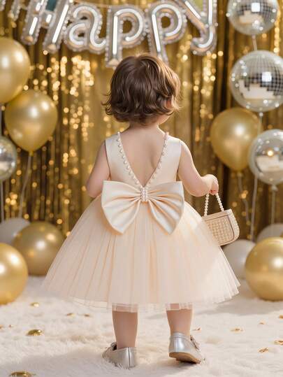 Vestido de princesa elegante de tul con lazo 3D hecho a mano con cuentas de color champán para niñas, adecuado como regalo de primer cumpleaños, fiesta, banquete y celebración festiva para niñas