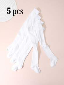 5 Pairs Girls' Solid Color Tights, Suitable For Everyday Wear All Seasons - White - View 7
