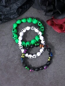 3pcs/Set Horror Cool Colorful Skull Head Elastic Beaded Bracelets For Women, Men, Party
