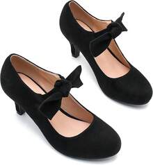 Women's Cute Bow Heels Mary Jane Kitten Heel Pumps Closed Round Toe Low Heels Ankle Strap Wedding Evening Party Dress Office Work Church Shoes-20256688 - 黑色絨面革 - 查看 6