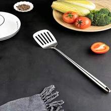 1 pieza Espátula para pescado de acero inoxidable, raspador de metal flexible, mango extra largo de acero inoxidable, ideal para voltear huevos, hamburguesas y hornear, volteador ranurado de cocina ligero y duradero para cocinar y asar a la parrilla