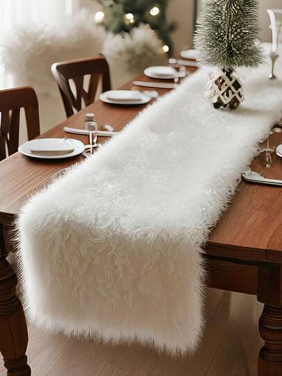 1pc Christmas Soft Plush Faux Fur Table Runner,Winter Christmas Home Decor,Holiday Party Dining Table Cover For Coffee Table & Dresser, White Fuzzy Festive Birthday Decoration,Christmas Theme Tablecloth,Holiday Kitchen Dining Table Decoration For Home Party Decor,Room Decoration, Holiday Party Decoration,Holiday Dining Indoor/Outdoor Use