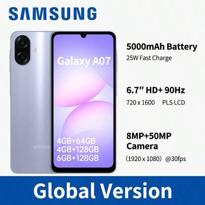 Samsung Galaxy A07 解锁安卓手机：6.7 英寸 HD+ 90Hz 流畅显示屏 | 50MP 专业摄像头 | 5000mAh 长效电池 | IP54 | 6 个操作系统升级 | 选择存储（64GB/128GB）和 RAM（4GB/6GB）和颜色（黑色/绿色/紫色）| 双 SIM 卡 | 全球版本