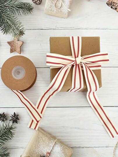 10 Yards/Roll Christmas Striped Ribbon, Gift Wrapping Ribbon, Natural Craft Satin Ribbon, DIY Handmade, Suitable For Packaging, Clothing, Jewelry, Boxes And Bags, Apparel Accessories, Decorative Bow Ribbon, Durable Fabric Ribbon, Gift Wrapping Supplies, Holiday Wedding Valentine's Day Christmas Birthday Party Decor, Valentine's Day Decor Ribbon, Smooth Texture