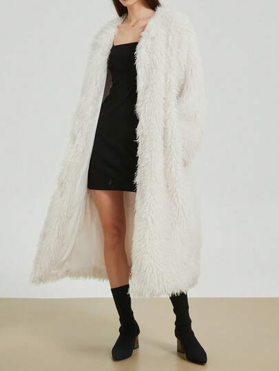 Casaco longo de pele sintética feminino – sobretudo de inverno longo e fofo com textura luxuosa e felpuda