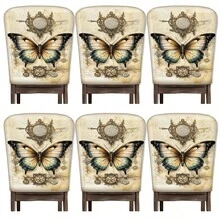 2/4/6 piezas Fundas de silla con estampado de mariposa de lino, adecuadas para decoración del hogar, sala de estar, comedor, jardín, hotel, fiesta, material de poliéster lavable
