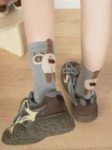 1/4 双卡通猫 3D 铃铛蛋女士袜子，四季中筒袜，可爱俏皮，采用四种动物图案：哈士奇、北京犬、柴犬、暹罗猫、卡通猫和狗铃铛蛋图案 - 彩色 - 查看 4