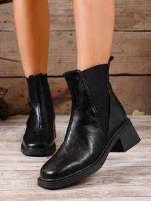 hanxiangyuzu Botas Chelsea para mujer, tacón grueso, punta cuadrada estilo retro francés, nuevas botas de tobillo con tacón alto para otoño/invierno 2026 - Negro - Ver 4