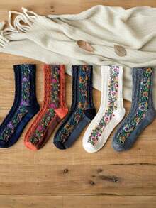 5 Pairs Women's Vintage Floral Knitted Socks - Bohemian Style Crew Socks For Autumn Winter, Warm Comfortable Boot Socks With  Design, Perfect Match For Boots & Dresses, Ideal Festival Gift