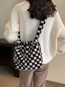 TIANDINGYU Women's Plush Shoulder Bag, Fashion Drawstring Crossbody Bag, Casual Street Style Ladies' Shoulder Bag, Minimalist Work Commute Handbag