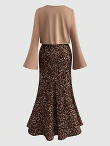 Women's Elegant Solid Color Bell Sleeve Knit Cardigan + Fitted Leopard Print Dress, 2 Pieces Outfit For Valentine's Day, Casual Party - Multicolor - View 4
