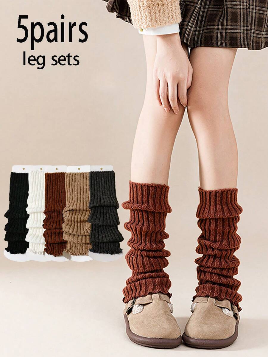 5 Pairs Girls' Simple Versatile Ruffle Edge Thin Breathable Leg Warmers, Suitable For Daily Wear, School Uniform, And JK Style, Spring/Autumn