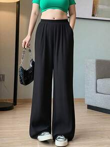 Pantalones anchos de seda helada para mujer, cintura alta, caída fluida, holgados, rectos, informales y largos hasta el suelo Pantalones de Mujer - Negro - Ver 1