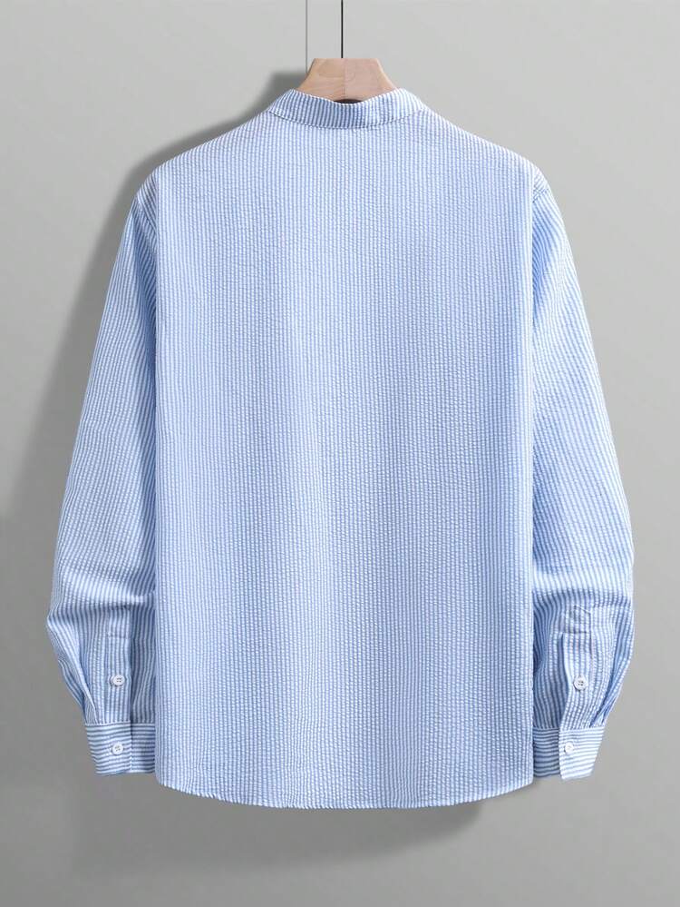 GloMan Men's Half Placket Shirt, Textured Linen Shirt With Mandarin Collar, Lightweight Breathable Long Sleeve Resort Top, Relaxed Fit For Vacation Party Office Wear, Unique Casual Gift For Him,Blue Shirts Men - Blue - View 3