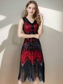 三件套闪亮礼服派对套装，金色、黑色和红色可选，20世纪20年代复古派对礼服，无袖V领亮片、串珠和流苏装饰蕾丝边正式礼服，女士派对套装包含耳环和手套（不含发带） - 彩色 - 查看 6