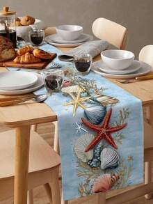 Summer Ocean Beach Starfish Shell Coral Table Runner Dresser Scarves Table Decor Farmhouse Kitchen Dining Table Runner Holiday Party Decor - Multicolor - View 7