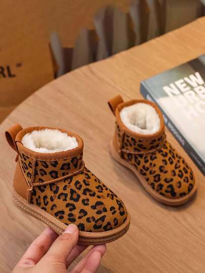 1 Pair Unisex Fashion Leopard Print Snow Boots, Shock Absorbing Anti-Slip, Baby Boots, Korean Style Warm Slip-On Children Outdoor Boots, Suitable For Autumn/Winter