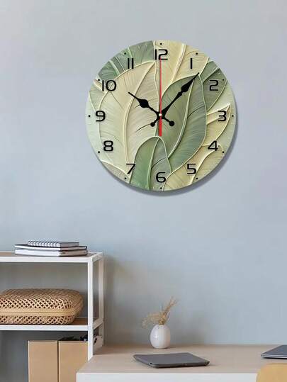 10/12Inch Silent Wand Klok Abstract Leaf Frameless Moderne Vintage Wood Veneer, Groen Beige Gradient Ideal Living Room, Bedroom, Kitchen No Battery Included, Room view 2