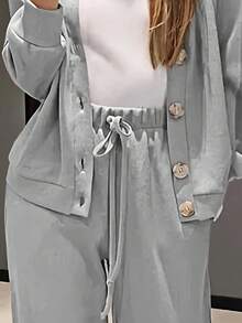 大码女装两件套，休闲针织开襟羊毛衫外套和抽绳裤