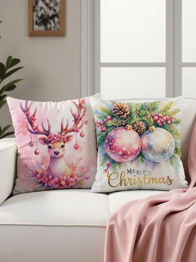 1 pièce, Taie d'oreiller thème Noël rose, Décoration d'ambiance de Noël, Impression de renne, bonhomme de neige, cloche. Taie d'oreiller pour décoration d'hôtel, restaurant et hôtel pendant les fêtes. Cadeau de vacances