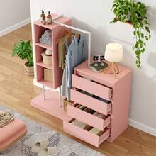Drawer Cabinet, Wardrobe Set, Pink Wardrobe, Sideboard, Clothes Rail, Dimensions: W140/D40/H135, Pink - 1 - View 4