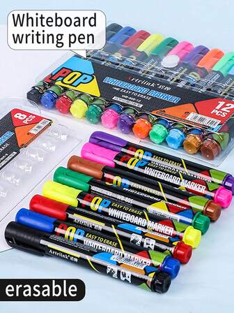 1pc 12 Colors/8 Colors Whiteboard Marker Pens, Large Capacity Refillable, Broad & Round Tip, For Teachers, Students, Drawing Boards, Writing