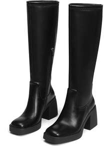 2025 New Fall Fashion Knee High Boots For Women Thick Heel Solid Color Side Zipper Square Toe Comfortable Classic Wide Calf Boots Winter Party Motorcycle Nightclub Shoes - 黑色 - 查看 5