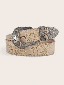 1 Pc Women's Vintage All-Match Versatile Western Style Engraved Cow & Leopard Print 3 PiecesBelt Set - Pink - View 7