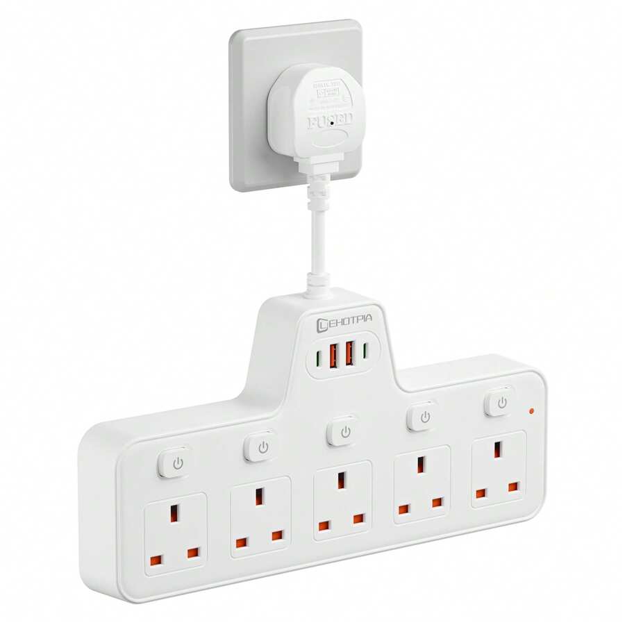 1pc T-Shaped UK Plug Wall Socket Extender, 5 UK 3-Pin Outlets With Individual Switches, 2 USB-A & 2 USB-C Ports, Surge Protection 2500W Max, 10A Fused Plug For Home & Office