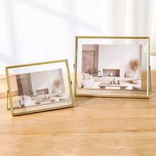 1pc Transverse Golden Metal Photo Frame, Photo Desktop Decorative Frame, Black Acrylic Transparent Stand Photo Frame, Fall Farmhouse Room Decor