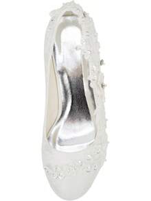 Emily Bridal Wedding Shoes Women's Silk Like Satin Chunky Heel Pumps With Stitching Lace Flower Crystal PearlChristmas - Tím nhạt - Xem 4