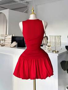 DEAR MOLLY 女士优雅无袖圆领红色短裙，可叠穿作为晚礼服，适合外出、派对、约会等场合，春季穿着。 - 紅色 - 查看 4