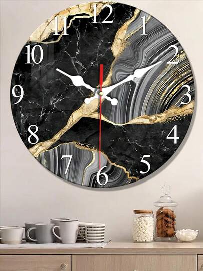 Grijs Zwart Marble Textured Tempered Wooden Wand Clock, icaptly 4mm Thickened, Silent Sports Quartz Living Room, Bedroom, Dining Spirit Home ation Hanging, Ideal 10"12"( out Battery) Room view 2
